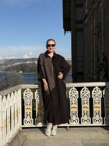 Denim detaylı tensel tasarım elbise siyah-kahve