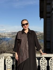 Denim detaylı tensel tasarım elbise siyah-kahve