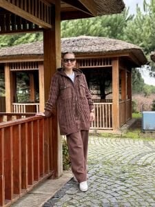 Afili Kot Denim-örgü Tasarım Takım Kahve