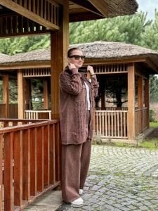 Afili Kot Denim-örgü Tasarım Takım Kahve