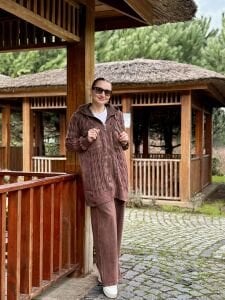 Afili Kot Denim-örgü Tasarım Takım Kahve