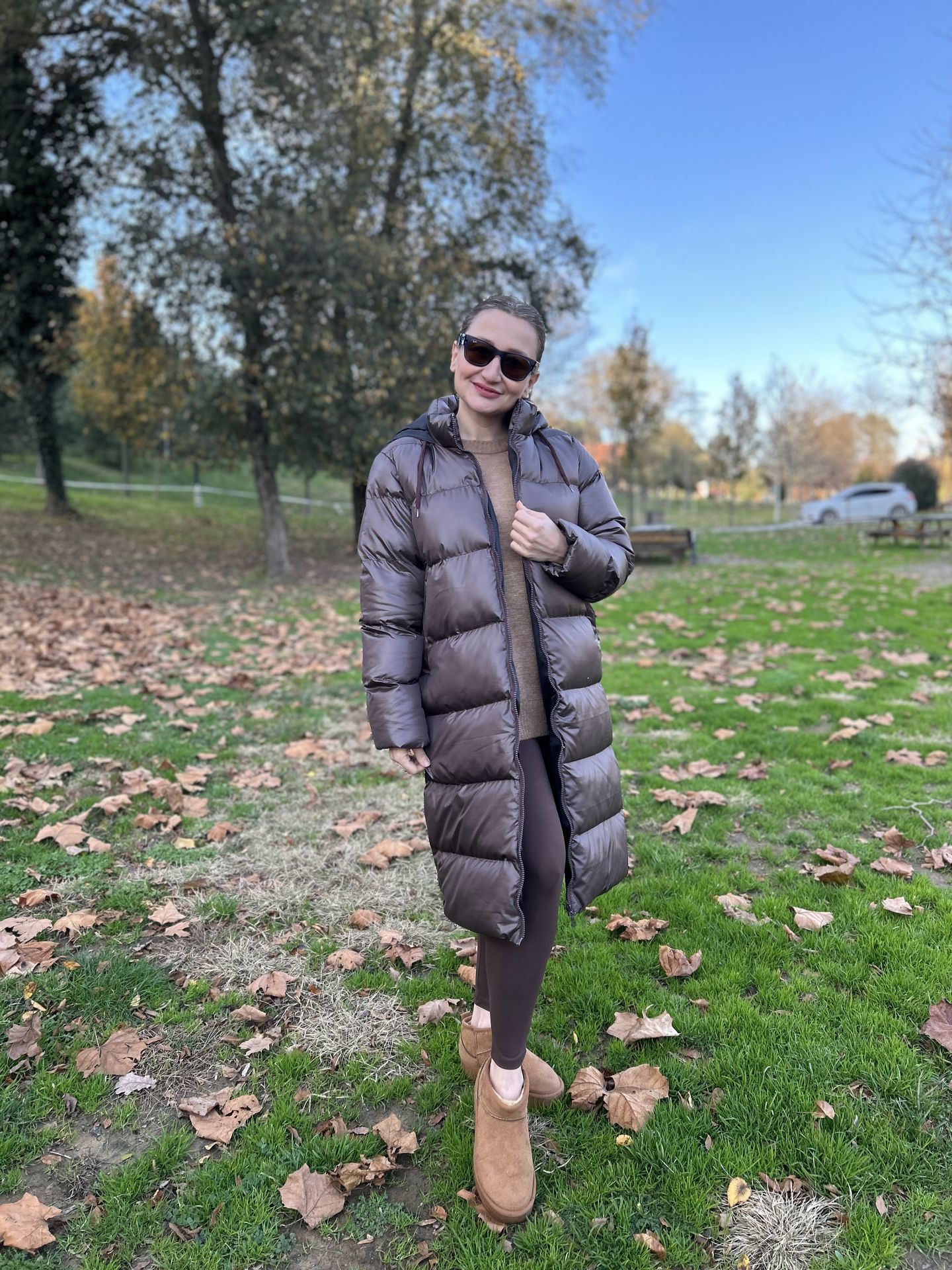 Kahve fermuarlı şişme mont