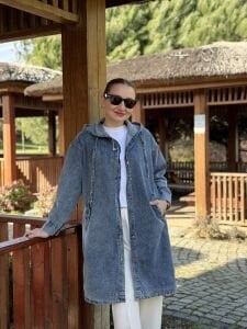 Kapüşonlu uzun kot ceket mavi