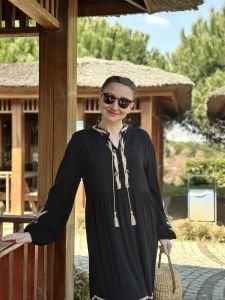 Nakışlı püskül viskon elbise siyah