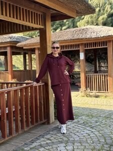 A.Akay Kapüşonlu Etekli Takım Bordo