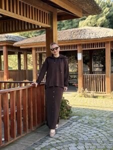 A.Akay Kapüşonlu Etekli Takım Kahve