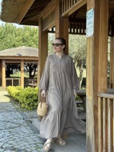 Viskon düz katleya elbise vizon