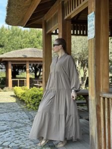 Viskon düz katleya elbise vizon