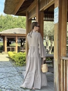 Viskon düz katleya elbise vizon