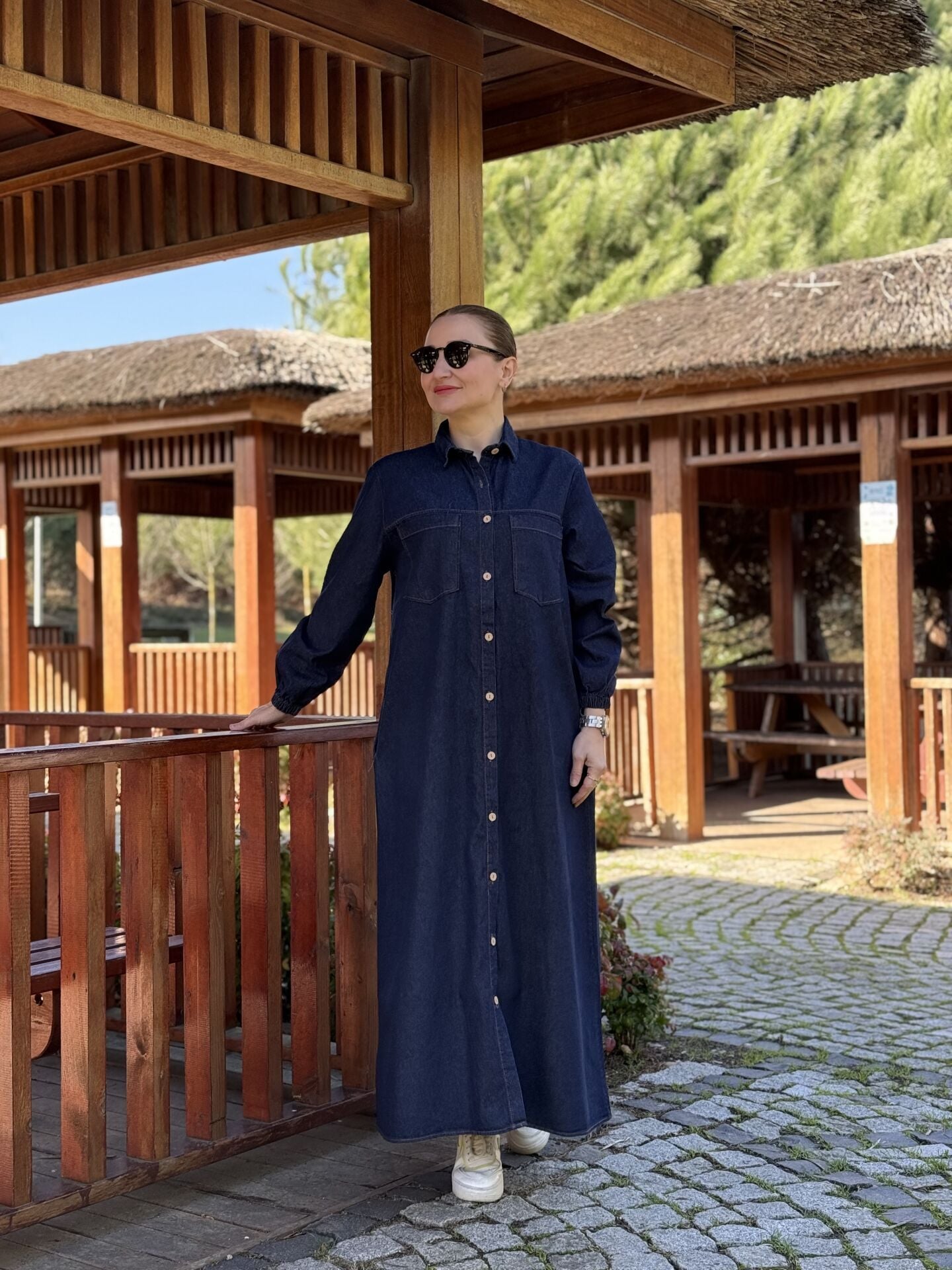 Tam düğmeli kot elbise lacivert