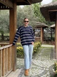 Bebe yaka çizgili kazak Lacivert