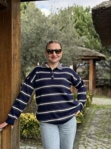 Bebe yaka çizgili kazak Lacivert