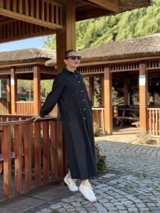 Tam düğmeli kot elbise Füme
