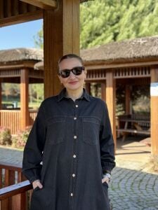 Tam düğmeli kot elbise Füme