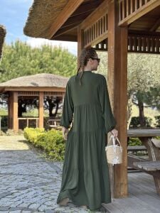 Viskon düz katleya elbise haki