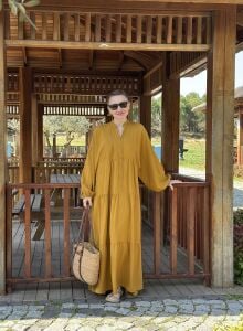 Viskon düz katleya elbise hardal