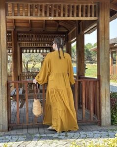 Viskon düz katleya elbise hardal