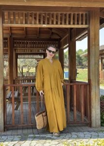 Viskon düz katleya elbise hardal