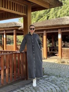 Tam düğmeli kot elbise antrasit