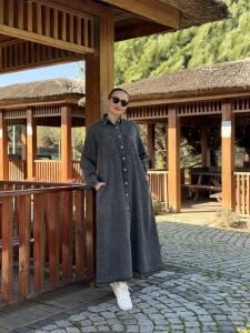 Tam düğmeli kot elbise antrasit