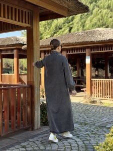 Tam düğmeli kot elbise antrasit