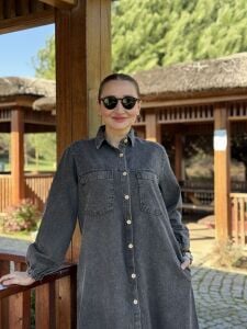 Tam düğmeli kot elbise antrasit
