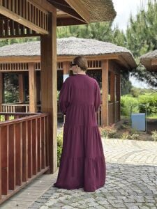 Viskon düz katleya elbise mürdüm