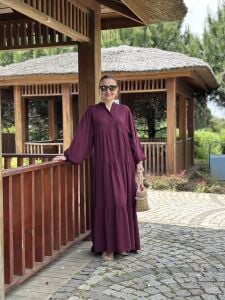 Viskon düz katleya elbise mürdüm