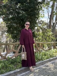 Viskon düz katleya elbise mürdüm