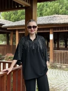 Lizzy Taşlı pamuk takım Siyah