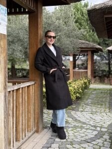 Kuşaklı astarlı Valeri Kaşe Kaban Siyah