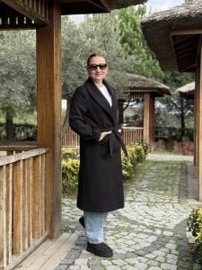 Kuşaklı astarlı Valeri Kaşe Kaban Siyah