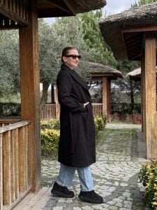 Kuşaklı astarlı Valeri Kaşe Kaban Siyah