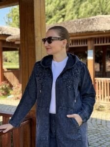 A.akay Nakışlı Fermuarlı takım İndigo