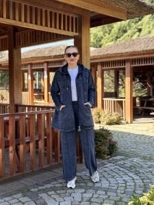 A.akay Nakışlı Fermuarlı takım İndigo