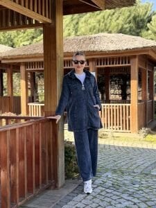 A.akay Nakışlı Fermuarlı takım İndigo