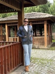 Çift örgü baklava hırka gri-mavi