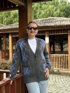 Çift örgü baklava hırka gri-mavi