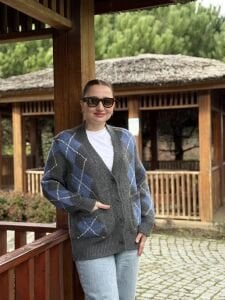 Çift örgü baklava hırka gri-mavi