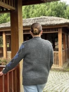 Çift örgü baklava hırka gri-mavi