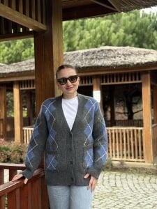 Çift örgü baklava hırka gri-mavi