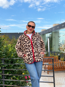 Şerit detaylı Leopar Tam fermuarlı Yün polar