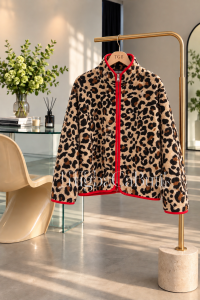Şerit detaylı Leopar Tam fermuarlı Yün polar