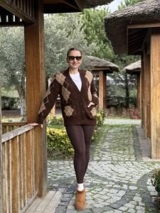 Çift örgü baklava hırka kahve-camel