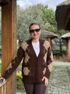 Çift örgü baklava hırka kahve-camel