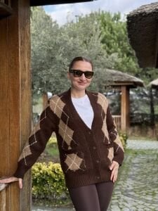 Çift örgü baklava hırka kahve-camel