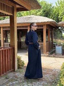 Lacivert Likralı kemerli Tamboy kot elbise