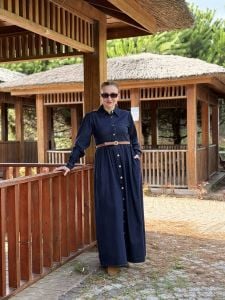 Lacivert Likralı kemerli Tamboy kot elbise