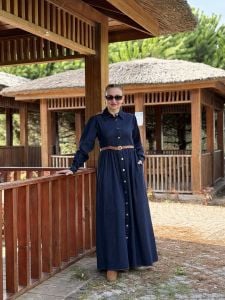 Lacivert Likralı kemerli Tamboy kot elbise