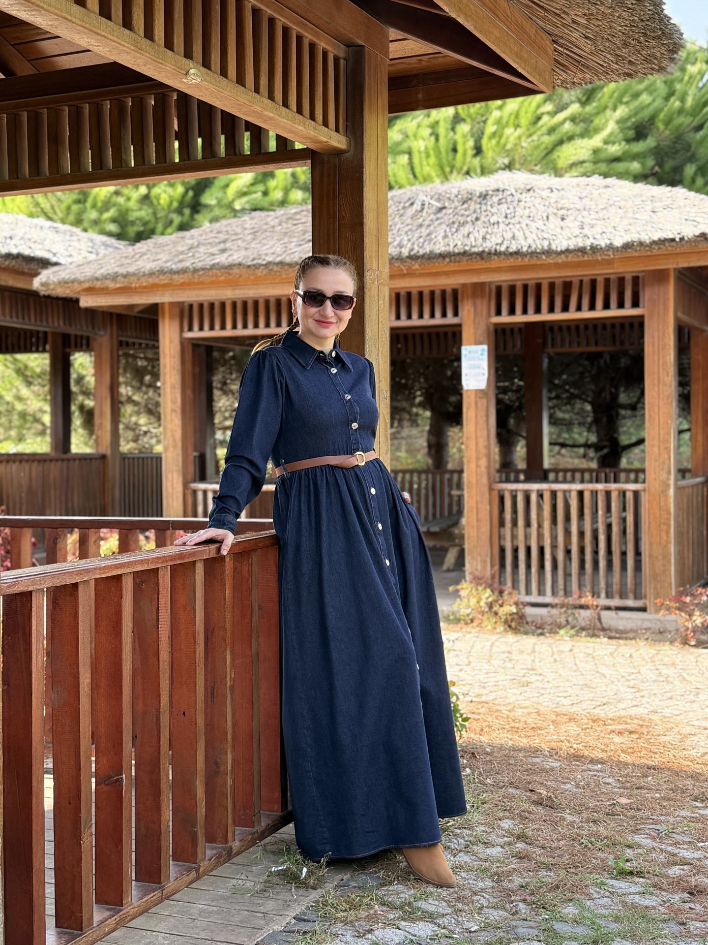 Lacivert Likralı kemerli Tamboy kot elbise